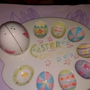 Vintage Ceramic Easter Egg Plate with Salt & Pepper Shakers